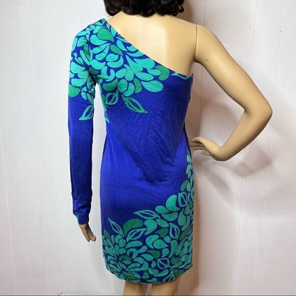 Lilly Pulitzer Dress S Modern One Sleeve Bare Shoulder Purple Aqua Jersey Silk - Picture 5 of 7